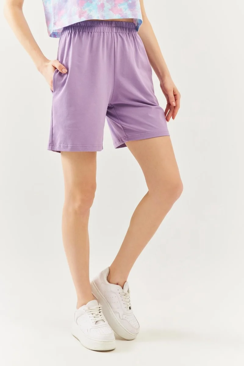 Butikgiz Lila Rahat %100 Pamuklu Penye Beli  Lastikli Bel Cepli Kısa Trendy  Kadın Şort