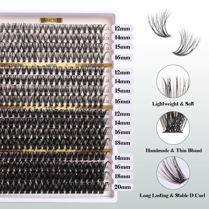 Lanciley Lash Clusters 320PCS 12-20MM 30D+40D+80D+100D DIY Eyelash Extensions Kit Natural Individual Lashes Thick Volume Eyelash Clusters D Curly Lash Extension kit with Bond + Seal + Remover + Tweezers-4 - Image 3