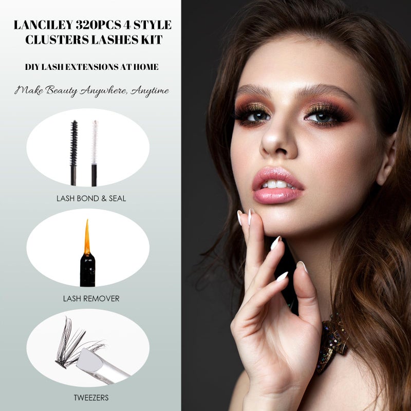 Lanciley Lash Clusters 320PCS 12-20MM 30D+40D+80D+100D DIY Eyelash Extensions Kit Natural Individual Lashes Thick Volume Eyelash Clusters D Curly Lash Extension kit with Bond + Seal + Remover + Tweezers-4 - Image 4