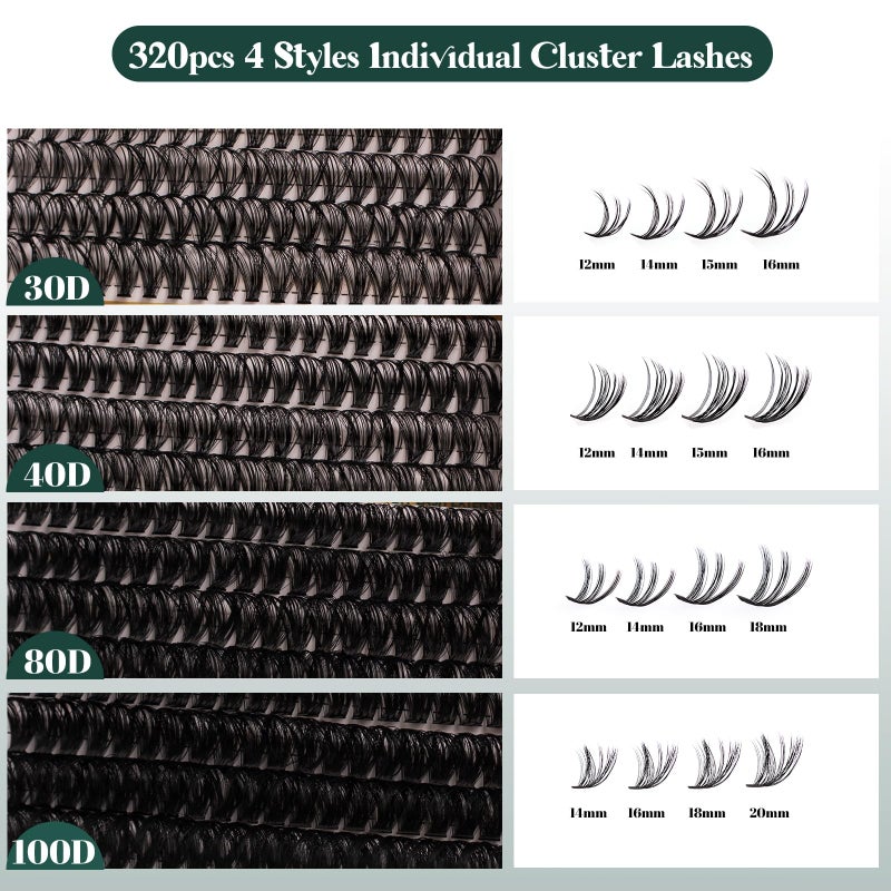 Lanciley Lash Clusters 320PCS 12-20MM 30D+40D+80D+100D DIY Eyelash Extensions Kit Natural Individual Lashes Thick Volume Eyelash Clusters D Curly Lash Extension kit with Bond + Seal + Remover + Tweezers-4 - Image 5