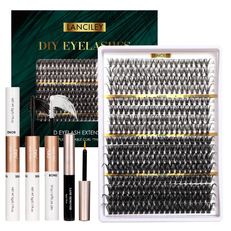 Lanciley Lash Clusters 320PCS 12-20MM 30D+40D+80D+100D DIY Eyelash Extensions Kit Natural Individual Lashes Thick Volume Eyelash Clusters D Curly Lash Extension kit with Bond + Seal + Remover + Tweezers-4 - Image 1