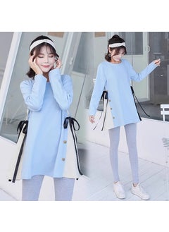 Generic Maternity Autumn Fashion Set High Waist Dress Cover Butt Spring Autumn Style Polyester Long Sleeve round Neck Loose Fit Maternity Wear Tao #326 Lake Blue 