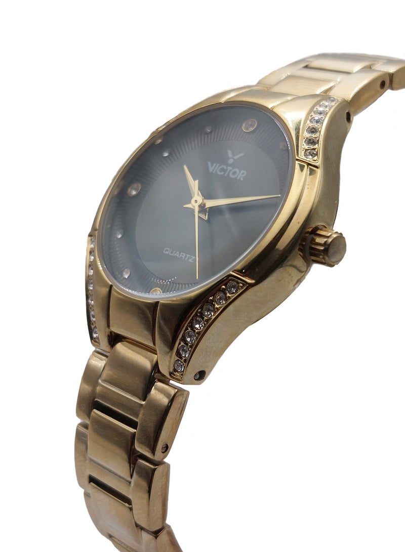 Victor ساعة نسائية أنالوج كوارتز ذهبية بحزام من الفولاذ المقاوم للصدأ V1514 - 30 مم - Image 2