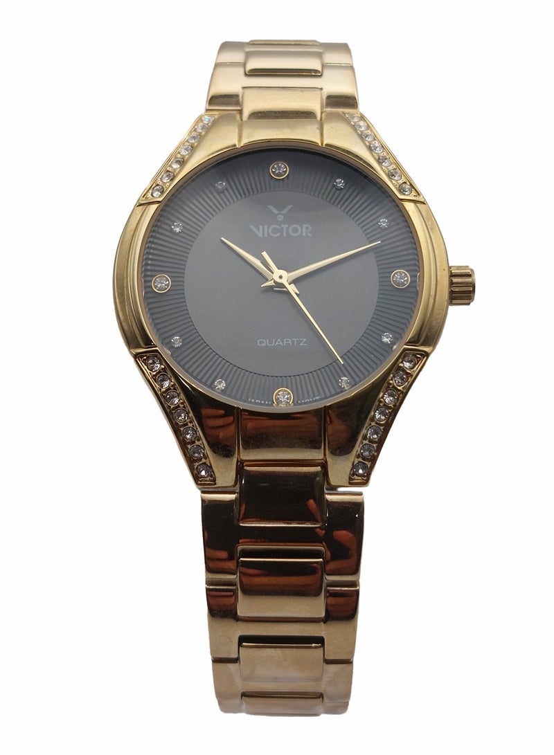 Victor ساعة نسائية أنالوج كوارتز ذهبية بحزام من الفولاذ المقاوم للصدأ V1514 - 30 مم - Image 3