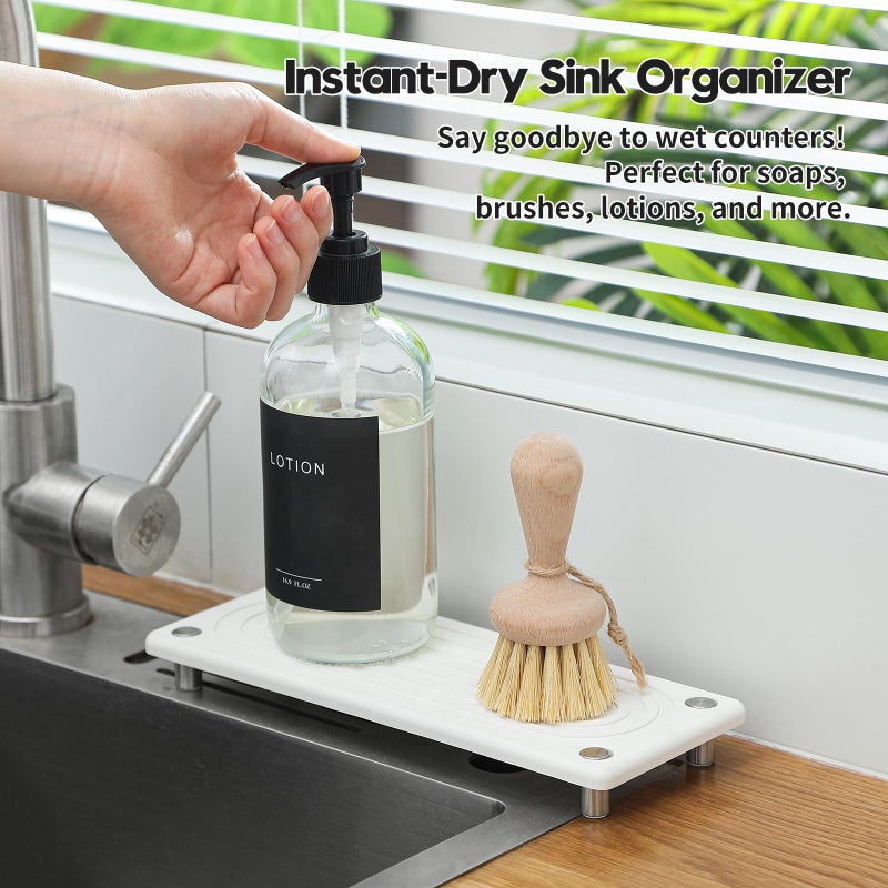 Razborci Water Absorbing Stone Sink Caddy, Diatomite Kitchen Sink Organizer, Bathroom Counter Tray, Faucet Drying Mat Coaster Soap Dish Rack Riser Dispenser Sponge Holder, Silver, White 10" x 4" - Image 4