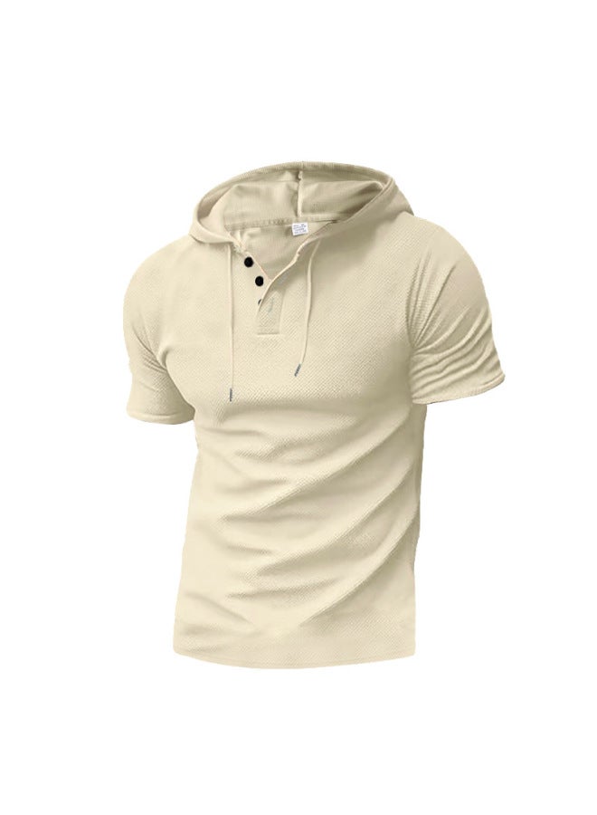 Summer New Men's Waffle Hooded Drawstring Half-open Button Casual Trendy Short Sleeve T-shirt