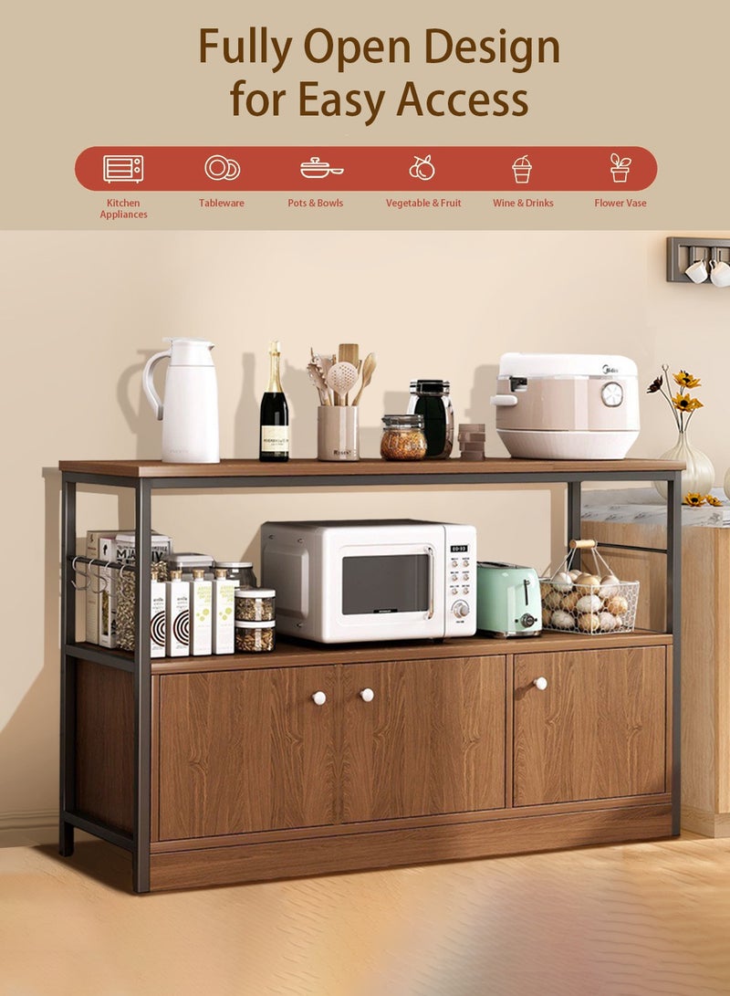 EqiEch 2-Tier Storage Cabinet With 2 Open Shelves And Drawers 3 Doors, Sideboard With 4 S-Shaped Hooks, Living Room Kitchen Dining Room Coffee Bar Cabinet, 120*30*78 cm - Image 2