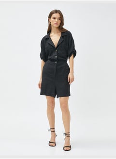 KOTON Linen Mix Short Sleeve Shirt Neck Overalls  - Image 3