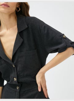 KOTON Linen Mix Short Sleeve Shirt Neck Overalls  - Image 5