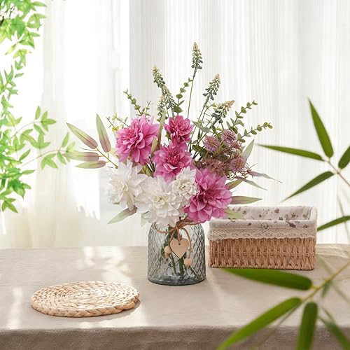 LUEUR Artificial Dahlia Flowers with Vase – Rose Red Faux Flower Arrangement, Romantic Floral Centerpiece Table Decorations for Coffee Table, Dining Room, Living Room & Farmhouse Spring & Summer Decor - Image 4