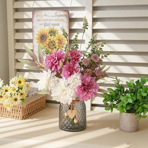 LUEUR Artificial Dahlia Flowers with Vase – Rose Red Faux Flower Arrangement, Romantic Floral Centerpiece Table Decorations for Coffee Table, Dining Room, Living Room & Farmhouse Spring & Summer Decor - Image 3