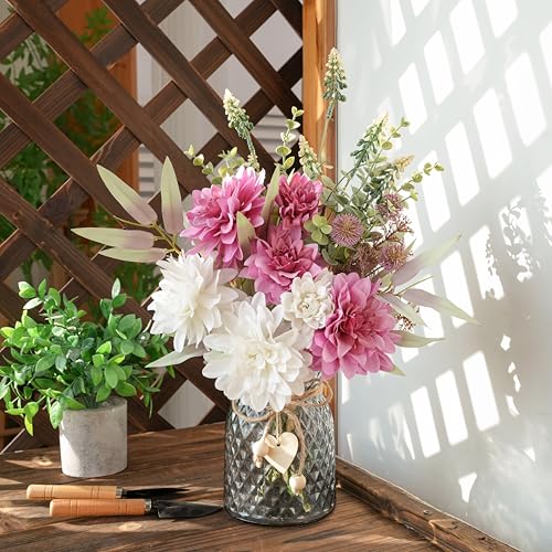 LUEUR Artificial Dahlia Flowers with Vase – Rose Red Faux Flower Arrangement, Romantic Floral Centerpiece Table Decorations for Coffee Table, Dining Room, Living Room & Farmhouse Spring & Summer Decor - Image 5