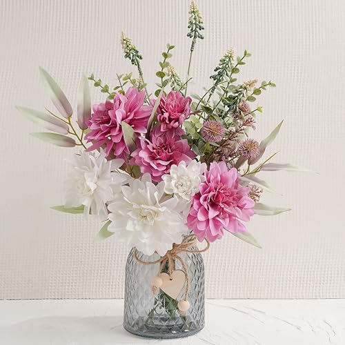 LUEUR Artificial Dahlia Flowers with Vase – Rose Red Faux Flower Arrangement, Romantic Floral Centerpiece Table Decorations for Coffee Table, Dining Room, Living Room & Farmhouse Spring & Summer Decor - Image 1