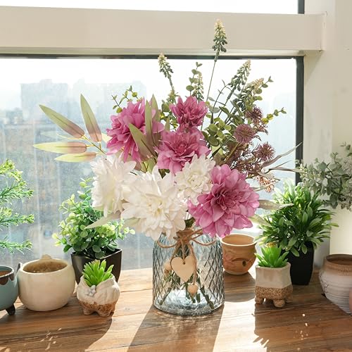 LUEUR Artificial Dahlia Flowers with Vase – Rose Red Faux Flower Arrangement, Romantic Floral Centerpiece Table Decorations for Coffee Table, Dining Room, Living Room & Farmhouse Spring & Summer Decor - Image 2