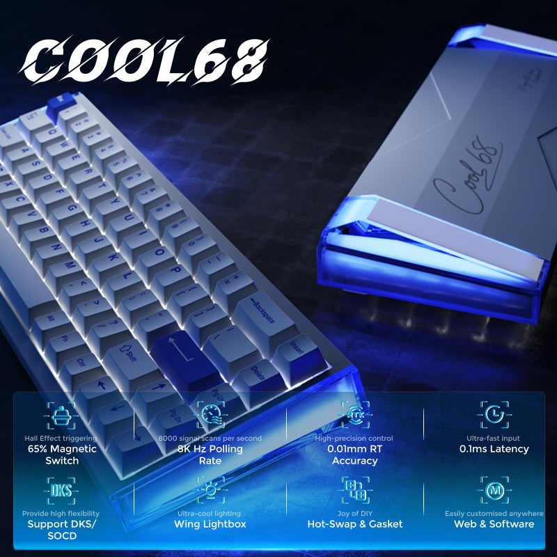 DAREU COOL68 60% Wired Gaming Keyboard, Rapid Trigger Magnetic Switch Keyboard with 8000Hz Polling Rate, Adjustable Actuation, 0.1ms Latency, SOCD, Gasket Mount, Hot swappable, RGB Light - Image 2