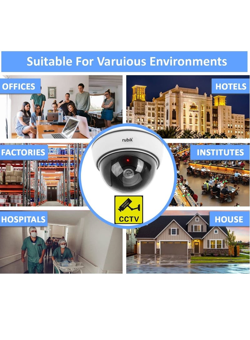 Rubik 4pc Dummy CCTV Camera with Flashing LED Light and CCTV Sticker Sign, Fake Surveillance Camera Security Indoor Dome Camera with LED Light  - Image 2