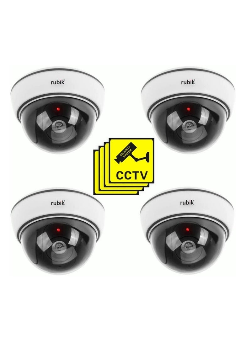 Rubik 4pc Dummy CCTV Camera with Flashing LED Light and CCTV Sticker Sign, Fake Surveillance Camera Security Indoor Dome Camera with LED Light  - Image 1