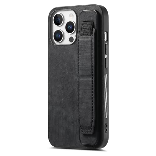 Omio Designed for iPhone 16 Pro Max Leather Case with Stand & Strap, Wrist Strap Leather Back Cover Hard PC Shockproof Finger Grip Case for Men Women Girls, Black - Image 1