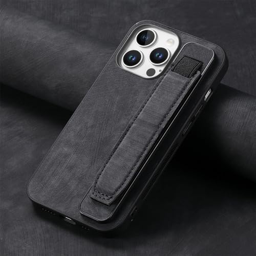 Omio Designed for iPhone 16 Pro Max Leather Case with Stand & Strap, Wrist Strap Leather Back Cover Hard PC Shockproof Finger Grip Case for Men Women Girls, Black - Image 2