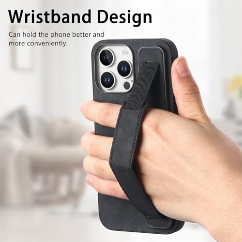 Omio Designed for iPhone 16 Pro Max Leather Case with Stand & Strap, Wrist Strap Leather Back Cover Hard PC Shockproof Finger Grip Case for Men Women Girls, Black - Image 4