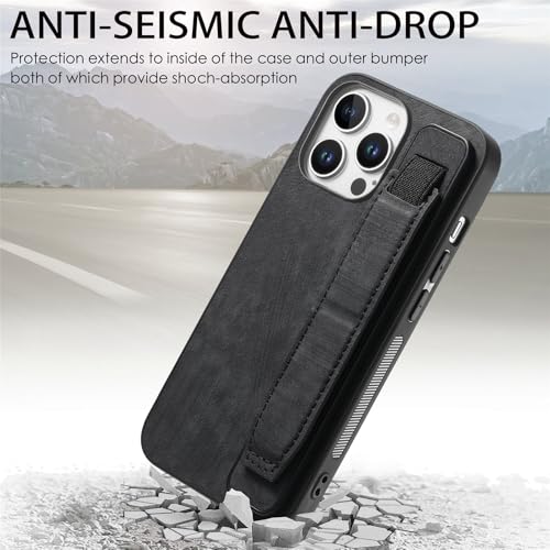 Omio Designed for iPhone 16 Pro Max Leather Case with Stand & Strap, Wrist Strap Leather Back Cover Hard PC Shockproof Finger Grip Case for Men Women Girls, Black - Image 3