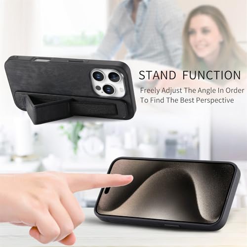 Omio Designed for iPhone 16 Pro Max Leather Case with Stand & Strap, Wrist Strap Leather Back Cover Hard PC Shockproof Finger Grip Case for Men Women Girls, Black - Image 5