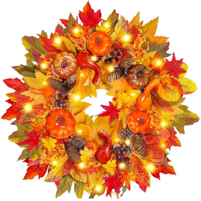 Autumn Wreaths for Front Door20 Inch Thanksgiving Fall WreathArtificial Maple Autumn WreathSunflower Fall Wreath with LED LightWreath for Fall Outdoor Indoor Home Decoration