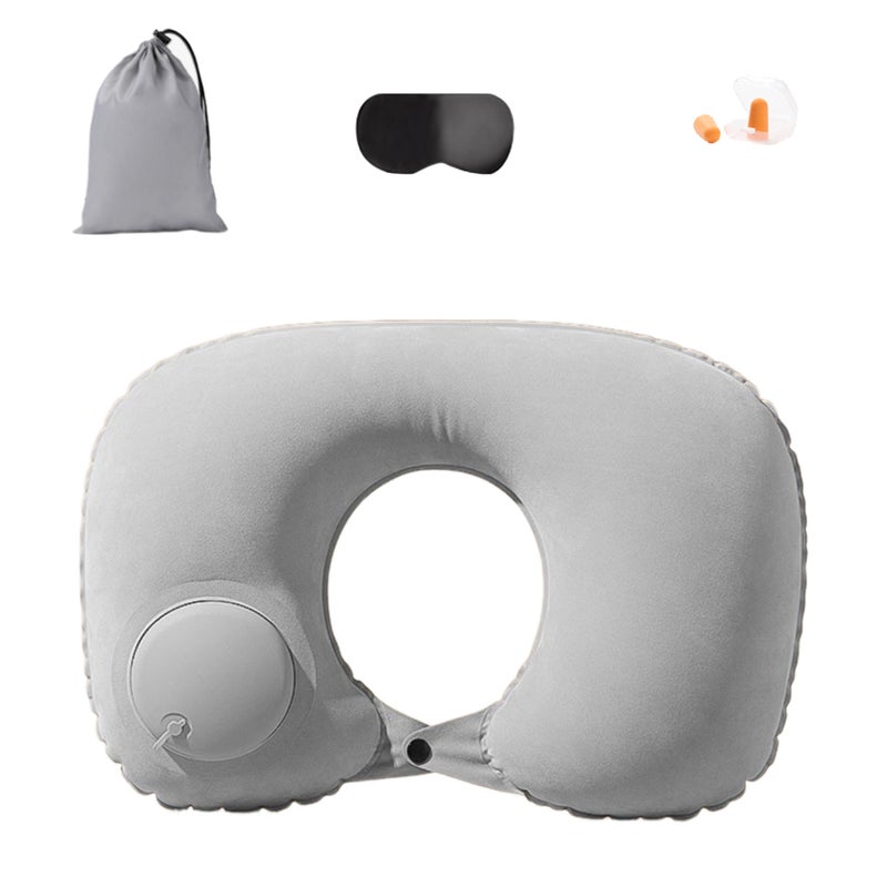Inflatable u-shaped pillow, travel portable neck pillow, press-type inflatable pillow neck pillow, flocking model - Image 1