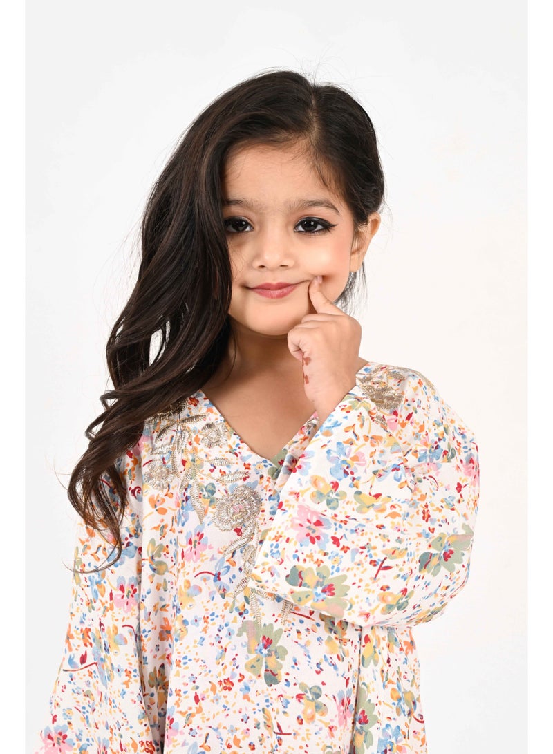Linelle Kids Jalabiya – White Base with Multicoloured Florals and Embroidered Neckline - Image 4