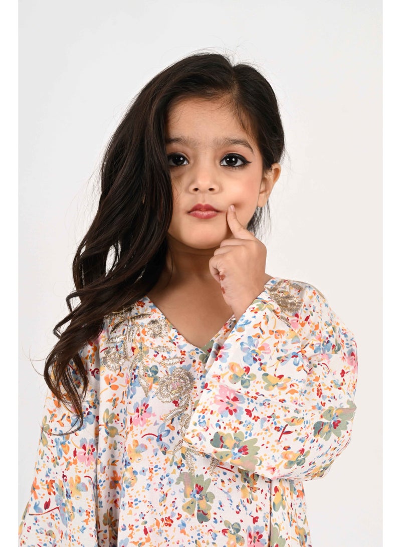 Linelle Kids Jalabiya – White Base with Multicoloured Florals and Embroidered Neckline - Image 1
