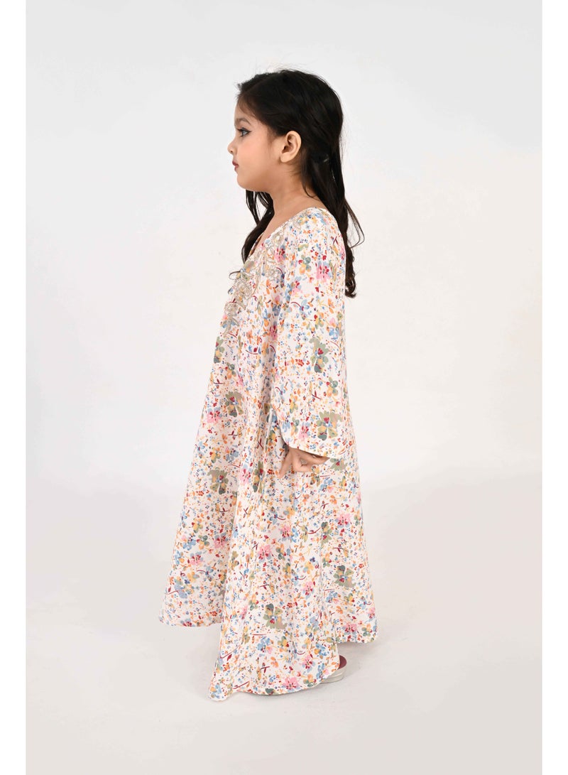 Linelle Kids Jalabiya – White Base with Multicoloured Florals and Embroidered Neckline - Image 2