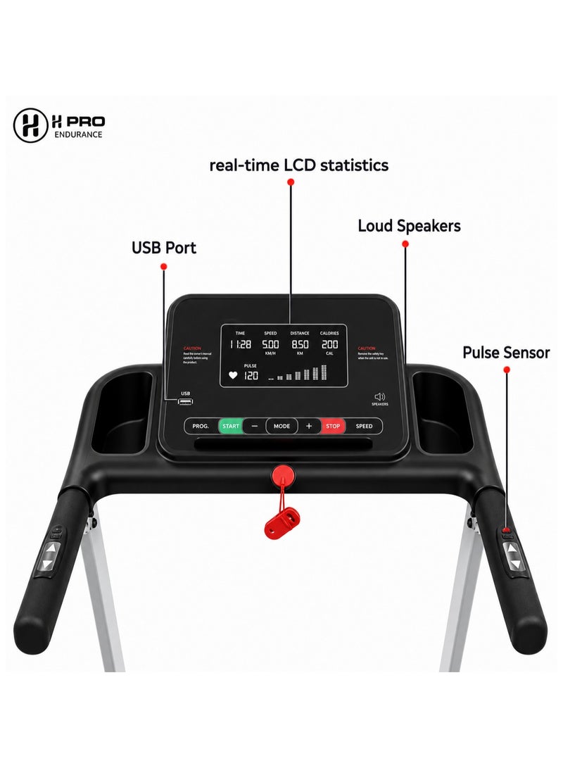 أتش برو جهاز المشي إتش برو HM797 مزود بمحرك DC بقوة قصوى 3.5 حصان، وشاشة LCD، وسرعة تصل إلى 14 كم/ساعة، ومنفذ USB ومستشعر لقياس النبض، ومناسب للاستخدام المنزلي، ويدعم وزن حتى 110 كجم، باللون الأسود. - Image 3