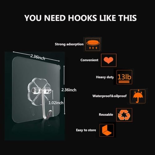 Rylan Adhesive Hooks 13.2LB(Max) Heavy Duty Self Adhesive Hooks Transparent Waterproof and Oilproof Wall Hooks for Kitchen Bathroom Shower Door Outdoor Home Improvement Utility Hook 20 Pack - Image 3