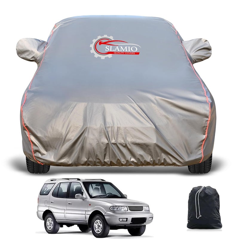 Slamio Heavy-Duty Car Body Cover for Tata Safari (1998-2004) | Waterproof, Dustproof, UV Protection, Custom Fit, Heavy Belt & Buckle with Mirror & Antenna Pocket | Dark Grey - Image 1