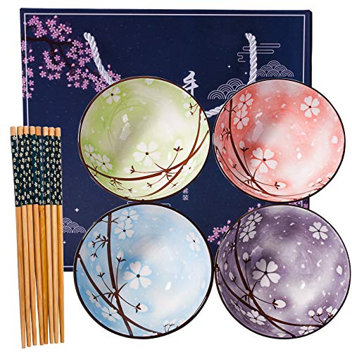 Cerficer Ceramic Rice Bowls and Chopsticks Sushi Bowl Set of 4 for Rice, Soups, Cereals - Image 1