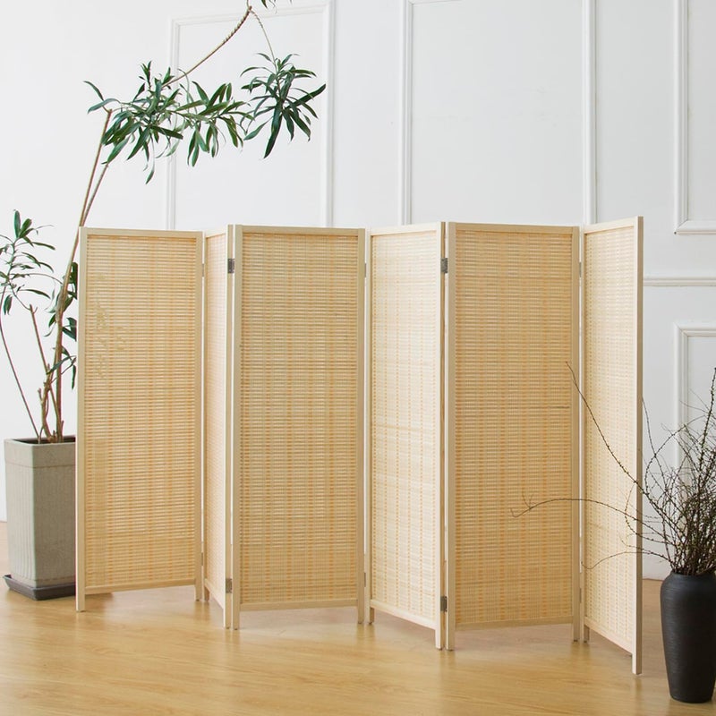 Furnnylane 6 Panel Short Room Divider Screen,Beige Freestanding Partition,Small Bamboo Panel Divider for Room Seperation,3.95 FT Tall - Image 1