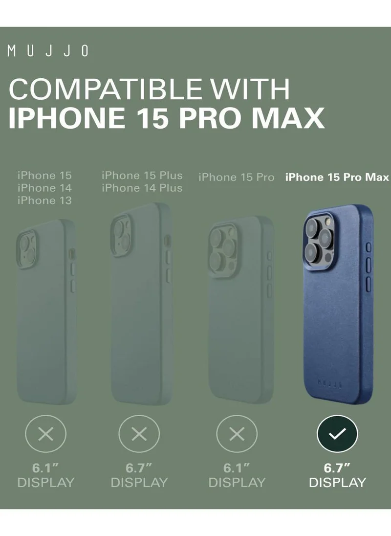 موجو حافظة جلدية Mujjo لهاتف iPhone 15 Pro Max - حافظة جلدية، متوافقة مع MagSafe، جلد أوروبي فاخر، مظهر نحيف وأنيق، حماية معززة لعدسات الهاتف والكاميرا، مواد معاد تدويرها (أزرق موناكو)
