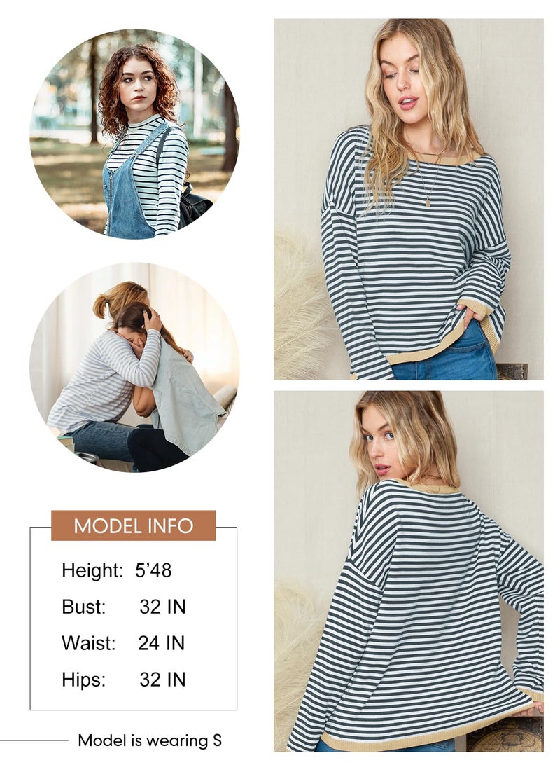 Dokotoo Womens Clothing Color Block Pullover Sweaters 2025 Early Fall Fashion Crew Neck Long Sleeve Jumper Tops Casual Striped Crop Sweater Shirt Old Money Clothes Teacher Outfits Dark Gray Large - Image 3