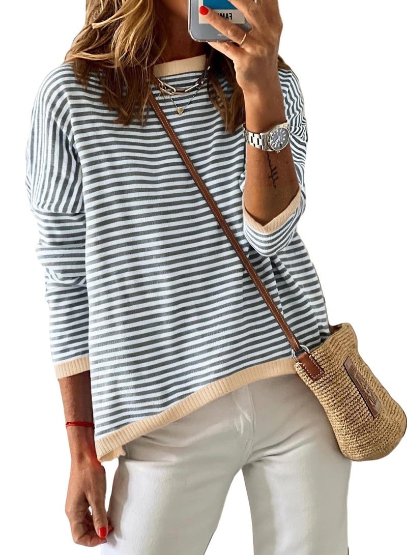 Dokotoo Womens Clothing Color Block Pullover Sweaters 2025 Early Fall Fashion Crew Neck Long Sleeve Jumper Tops Casual Striped Crop Sweater Shirt Old Money Clothes Teacher Outfits Dark Gray Large - Image 1