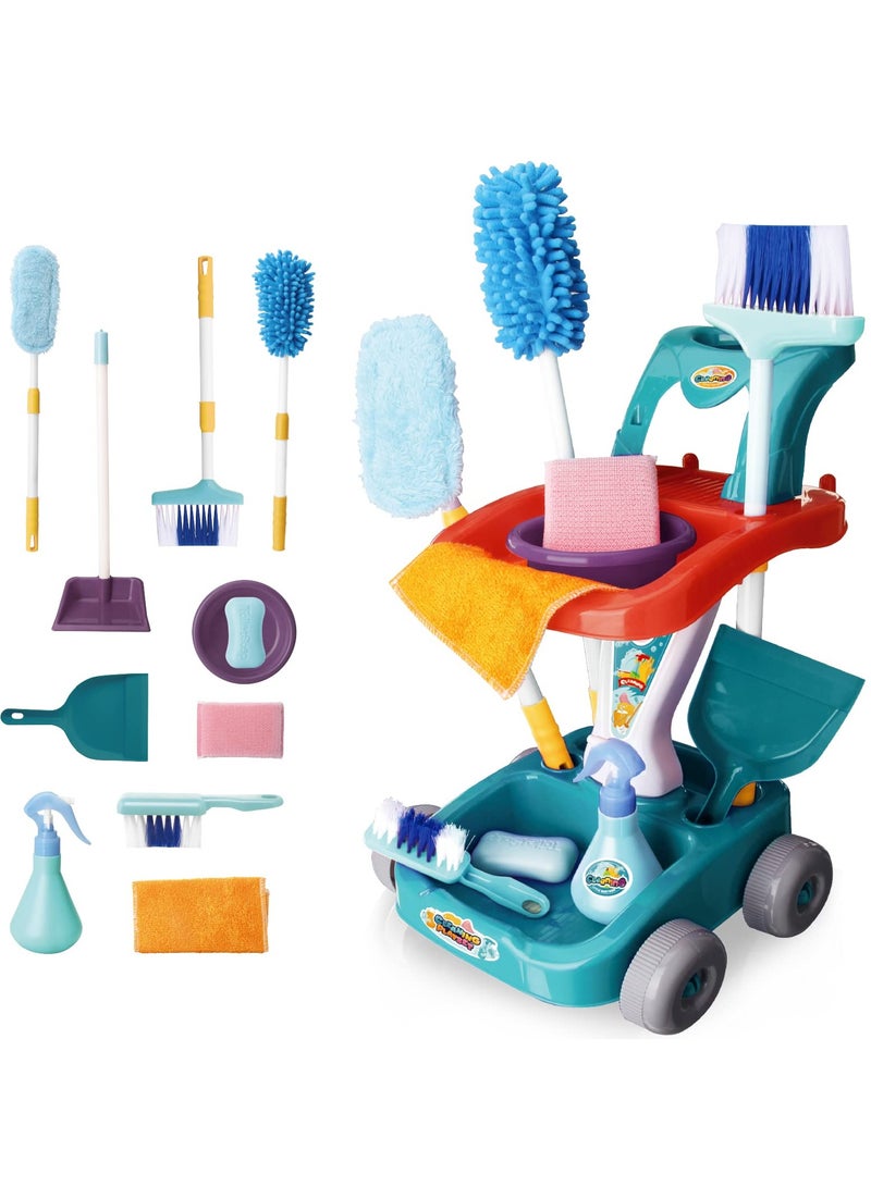XiuWoo Kids Cleaning Set 12 PCS Pretend Play Detachable Housekeeping Cart with Broom,Dust Pan,Spray Bottle Children House Cleaning Tools Toys,Kids Broom and Mop Set for Ages 3-6,Green  - Image 1