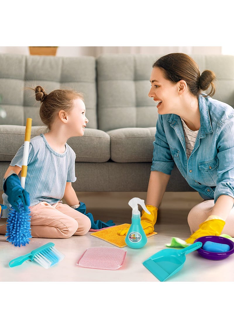 XiuWoo Kids Cleaning Set 12 PCS Pretend Play Detachable Housekeeping Cart with Broom,Dust Pan,Spray Bottle Children House Cleaning Tools Toys,Kids Broom and Mop Set for Ages 3-6,Green  - Image 2