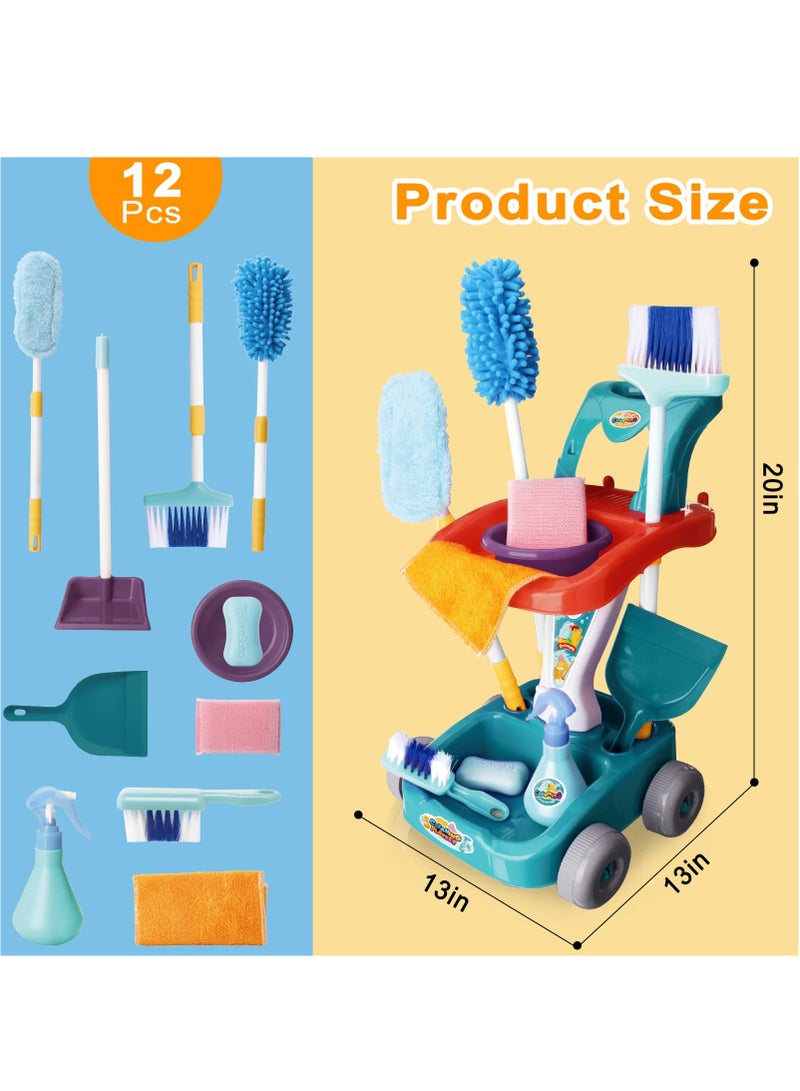 XiuWoo Kids Cleaning Set 12 PCS Pretend Play Detachable Housekeeping Cart with Broom,Dust Pan,Spray Bottle Children House Cleaning Tools Toys,Kids Broom and Mop Set for Ages 3-6,Green  - Image 5