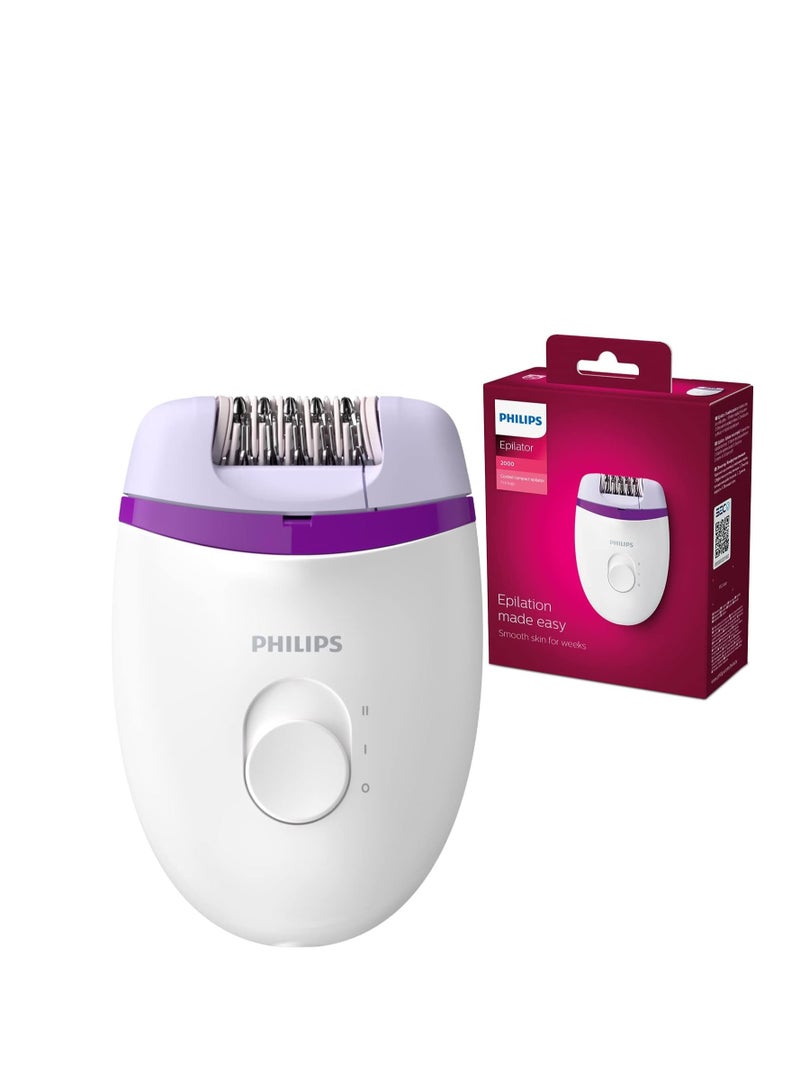 Philips Satinelle Essential Corded Compact Epilator BRE255/00, 2 Years Warranty White/Pink WHITE PURPLE - Image 1