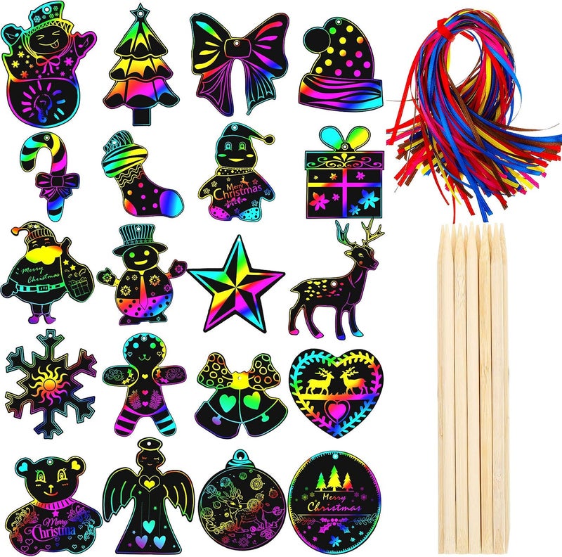 Skylety 100 Pieces Christmas Scratch Ornaments Paper Christmas Rainbow Colorful Ornaments Scratch off Paper with 12 Pieces Wooden Styluses and 100 Ribbons for Christmas Party Decorations 20 Styles - Image 1