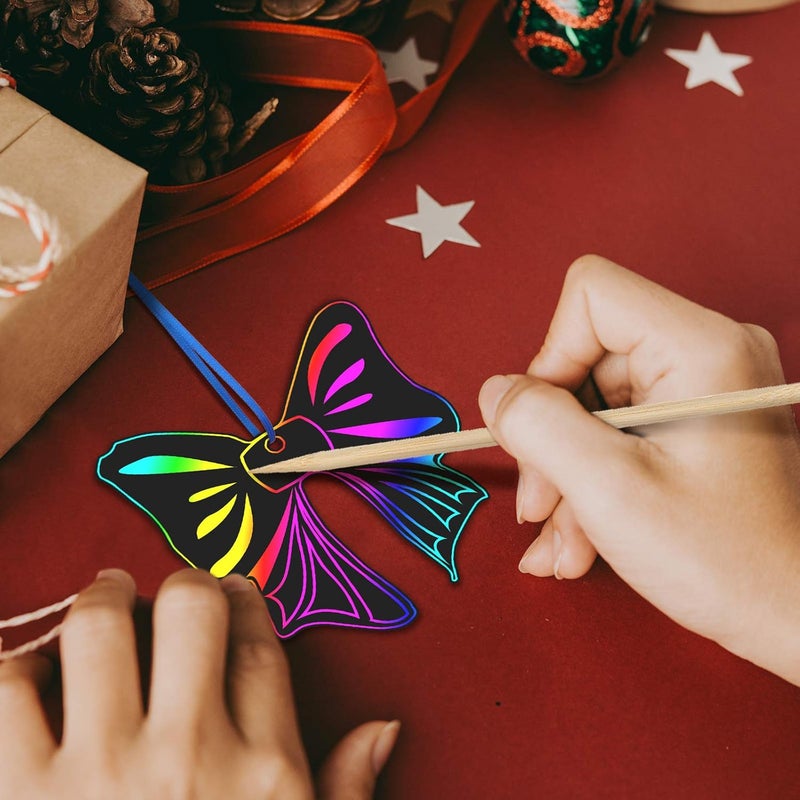 Skylety 100 Pieces Christmas Scratch Ornaments Paper Christmas Rainbow Colorful Ornaments Scratch off Paper with 12 Pieces Wooden Styluses and 100 Ribbons for Christmas Party Decorations 20 Styles - Image 3