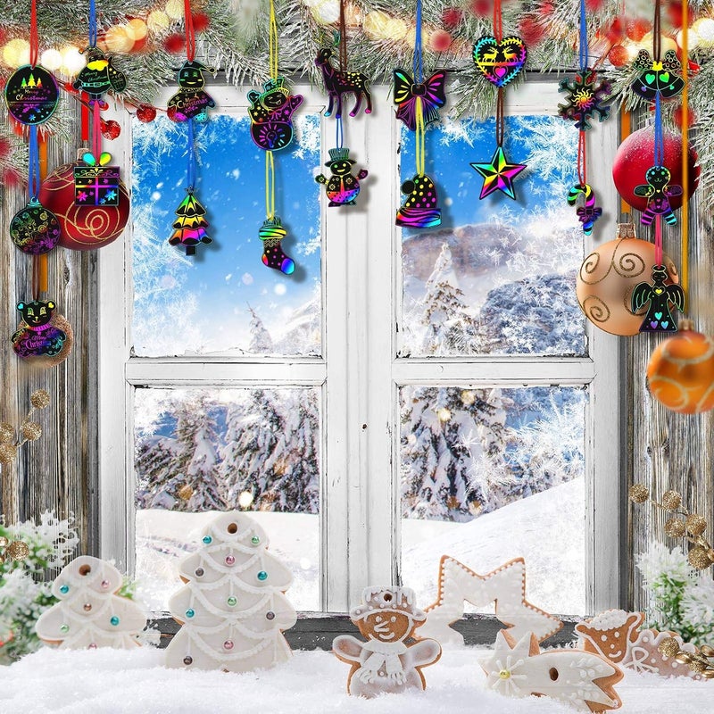 Skylety 100 Pieces Christmas Scratch Ornaments Paper Christmas Rainbow Colorful Ornaments Scratch off Paper with 12 Pieces Wooden Styluses and 100 Ribbons for Christmas Party Decorations 20 Styles - Image 5