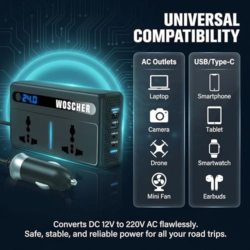 Woscher PowerMate 200W Car Laptop Charger Power Inverter 2 USB (24W Max), 2C Type (36W Max) & 2 AC Universal Socket DC 12V to 220V AC Car Charger Converter,Multiple Deice Use|18 Months Warranty - Image 3