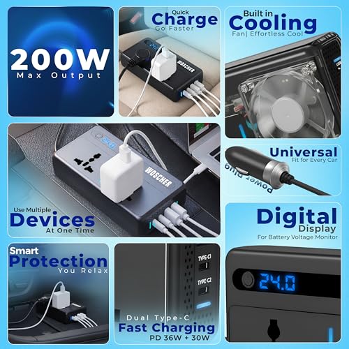 Woscher PowerMate 200W Car Laptop Charger Power Inverter 2 USB (24W Max), 2C Type (36W Max) & 2 AC Universal Socket DC 12V to 220V AC Car Charger Converter,Multiple Deice Use|18 Months Warranty - Image 2