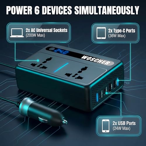 Woscher PowerMate 200W Car Laptop Charger Power Inverter 2 USB (24W Max), 2C Type (36W Max) & 2 AC Universal Socket DC 12V to 220V AC Car Charger Converter,Multiple Deice Use|18 Months Warranty - Image 4