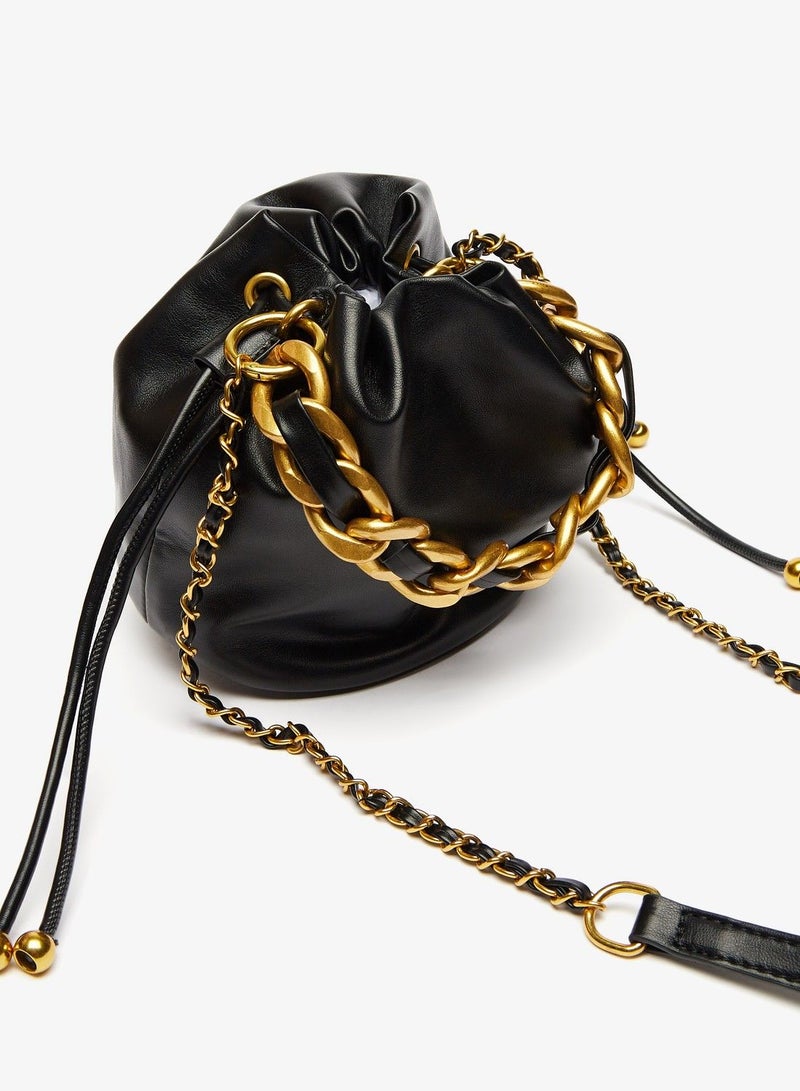 Solid Crossbody Bag with Chain Accented Strap and Drawstring Closure